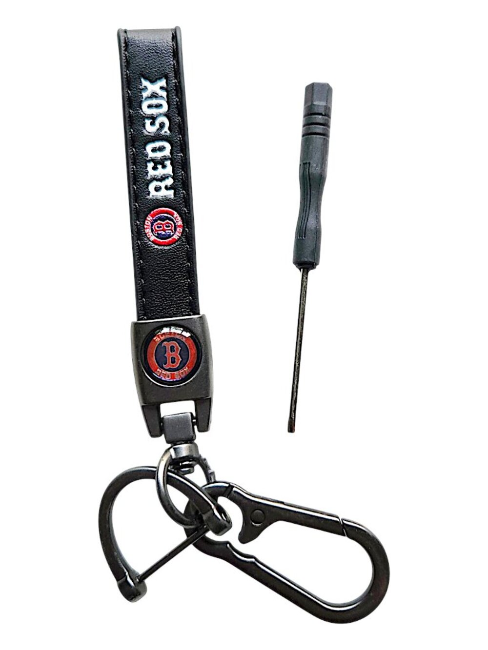Boston Red Sox Leather Look Strap Carabiner Keychain Set with Mini Tool Acc